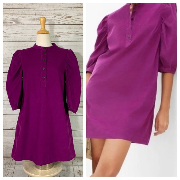 GAP Dresses & Skirts - Gap Puff Shoulders Pockets Shift Mini Dress Thin Corduroy Purple/Fuchsia sz S
